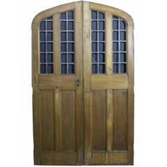 Pair of Arched Oak Double Doors with Leaded Glass Panel, circa 1900 5