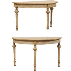 Pair of Swedish Painted Wood Demi Lune Tables with Round Turned and Tapered Legs