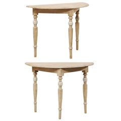 Pair of 19th Century Swedish Painted Wood Demilune Tables on Turned Legs Antique Pair of 19th Century Swedish Painted Wood Demilune Tables on Turned Legs