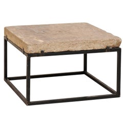 square stone top coffee table 18th Century Spanish Carved Stone Top Coffee Table with Sleek Black Metal Base