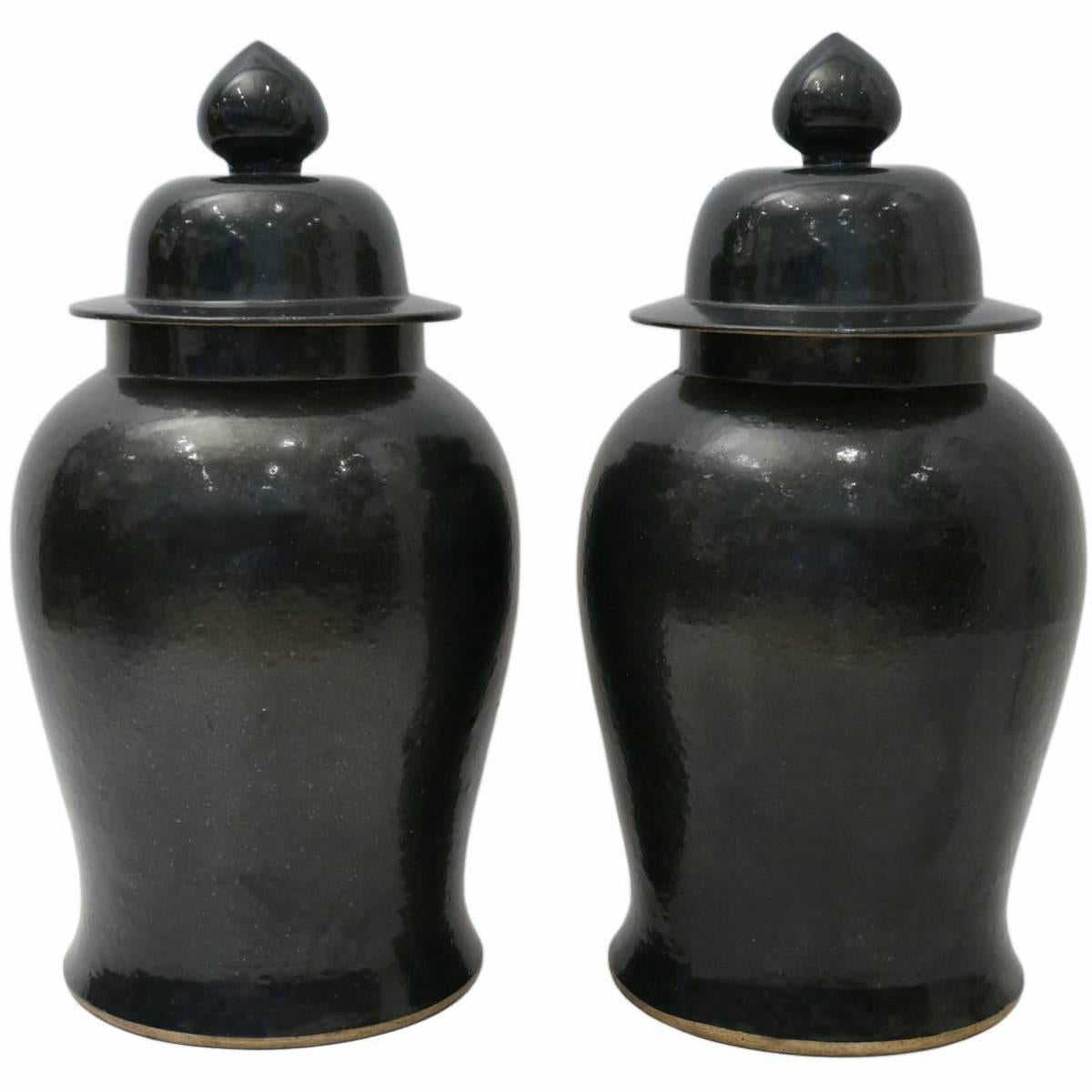 Extra Large Pair of Black Ceramic Chinese Ginger Jars with Lids For Sale