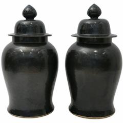 Extra Large Pair of Black Ceramic Chinese Ginger Jars with Lids