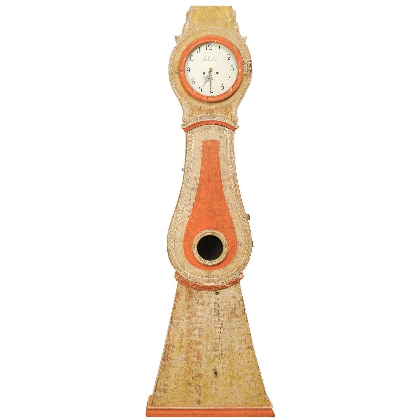 19th Century Painted Wood Swedish Clock with Warm Tangerine Accents