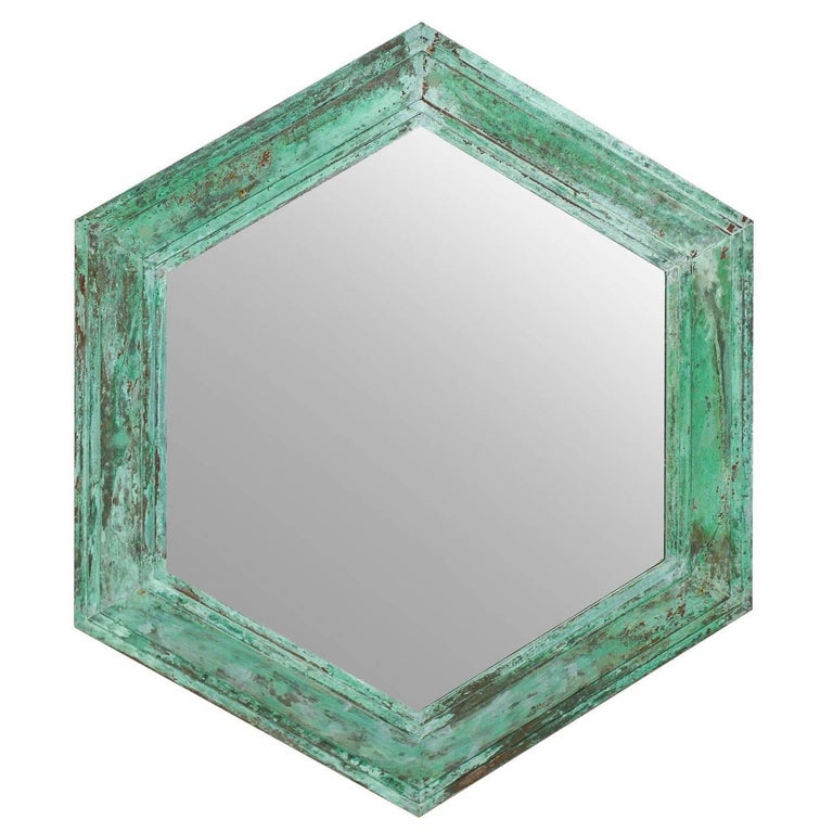 Mid Century Vintage Hexagon Shaped Mirror With Great Patina And Mid Century Vintage Hexagon Shaped Mirror With Great Patina And Green Color For