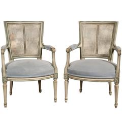 Pair of French Caned Back Paint Decorated Fauteuils