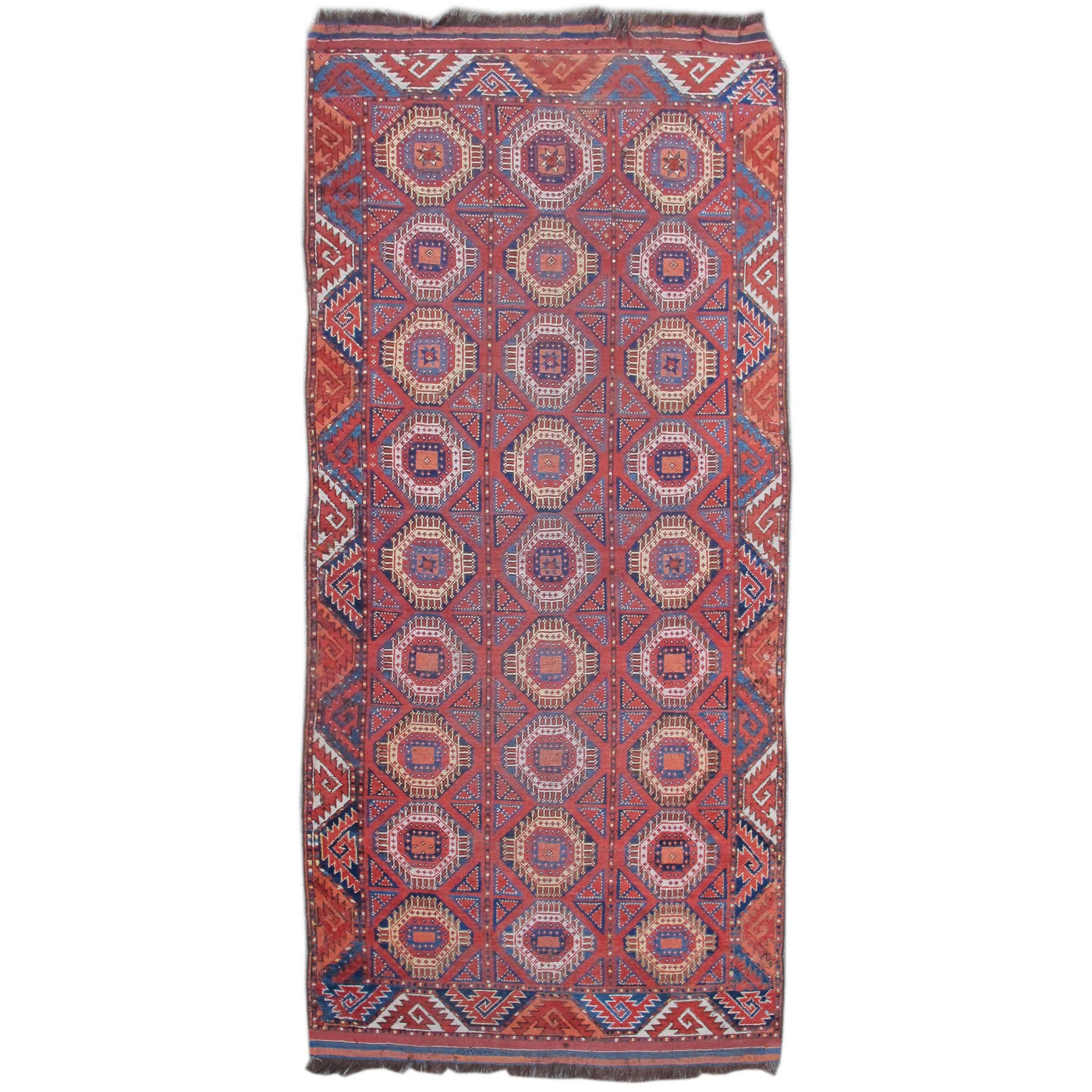 Red Bashir Ersari Long Rug with Tiled Octagons, 19th Century