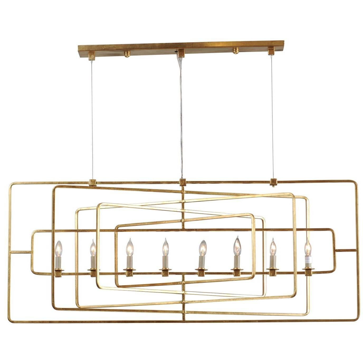 Gilded Eight-Light Wrought-Iron Chandelier with Multiple Layered Rectangles