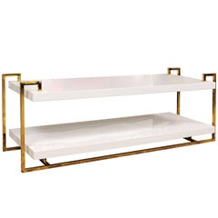 White Lacquer Two-Tiered Coffee Table with Greek Key Inspired Brass Frame
