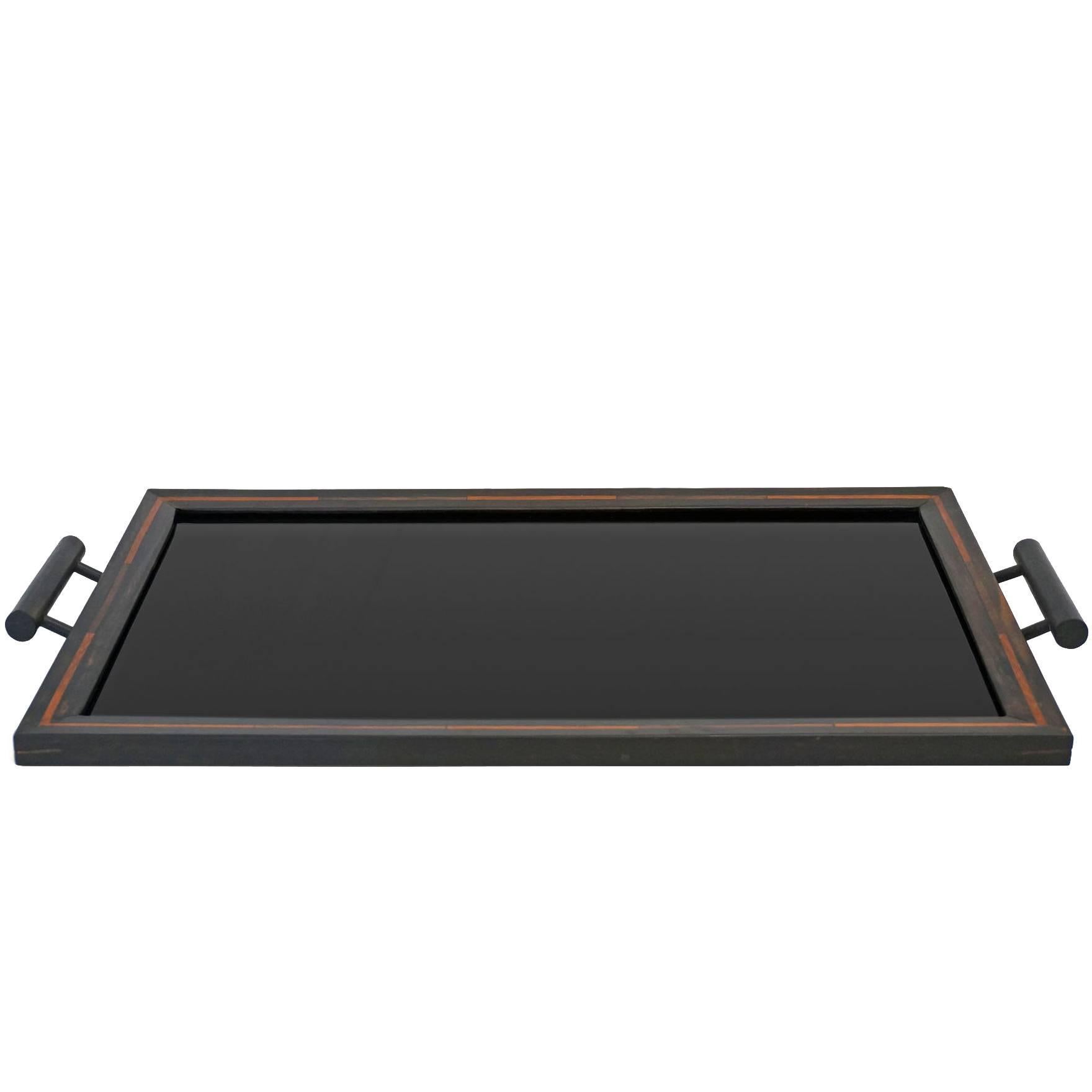 Rectangular Macassar Ebony Wood Tray with Black Glass and Handles, France, 1940s