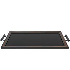 Rectangular Macassar Ebony Wood Tray with Black Glass and Handles, France, 1940s