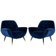 Navy Blue Velvet Lounge Chairs with Splayed Legs, Italy, circa 1950s