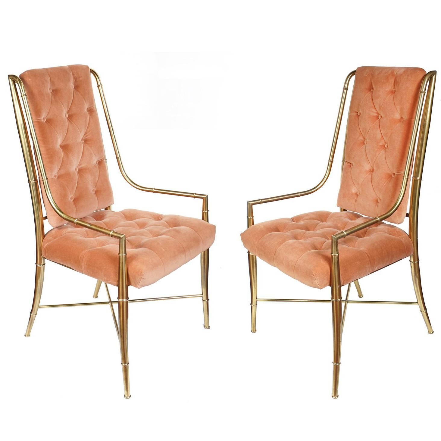 Pair of Mastercraft Brass and Upholstered Side or Dining Chairs