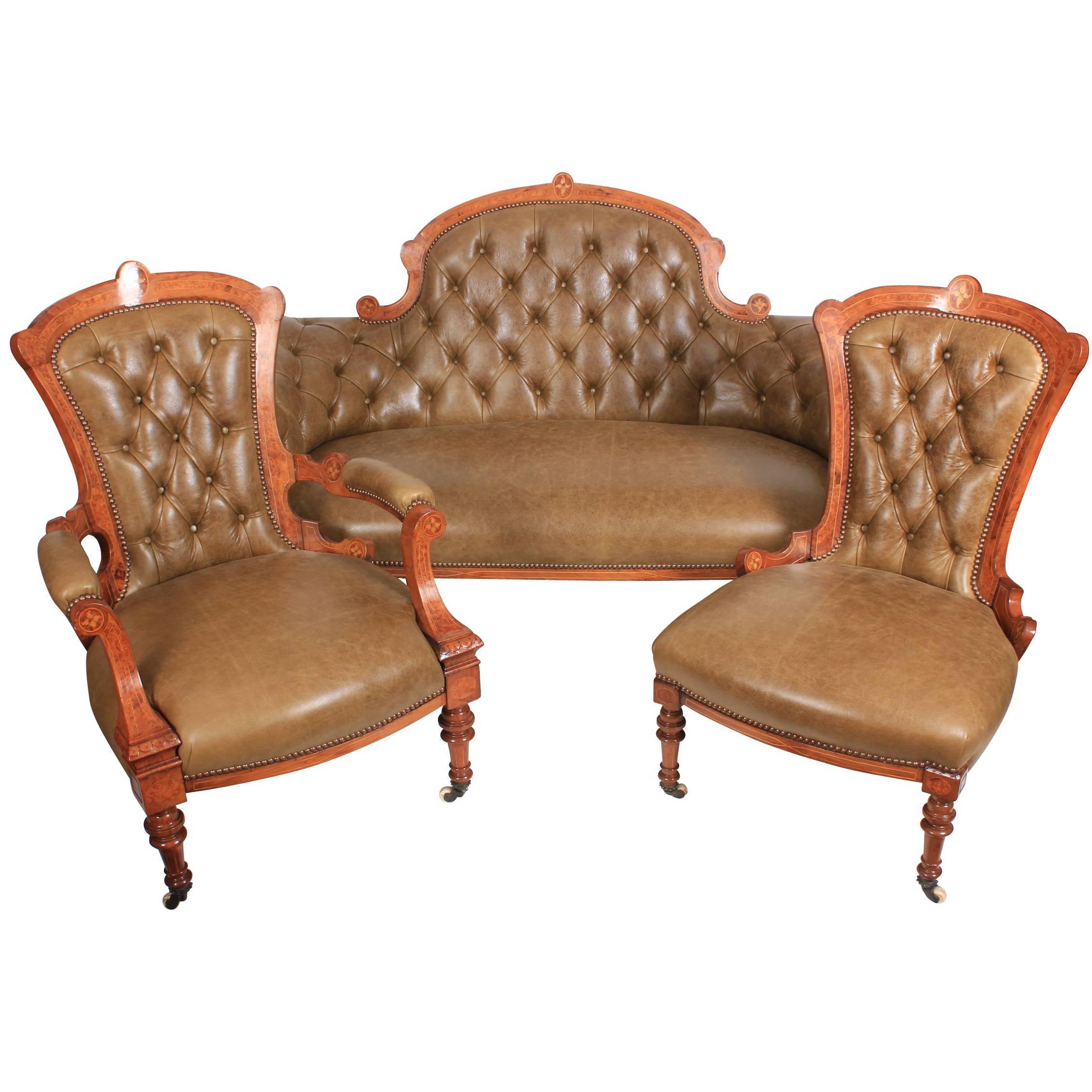 Victorian Inlaid Walnut Leather Three-Piece Suite For Sale