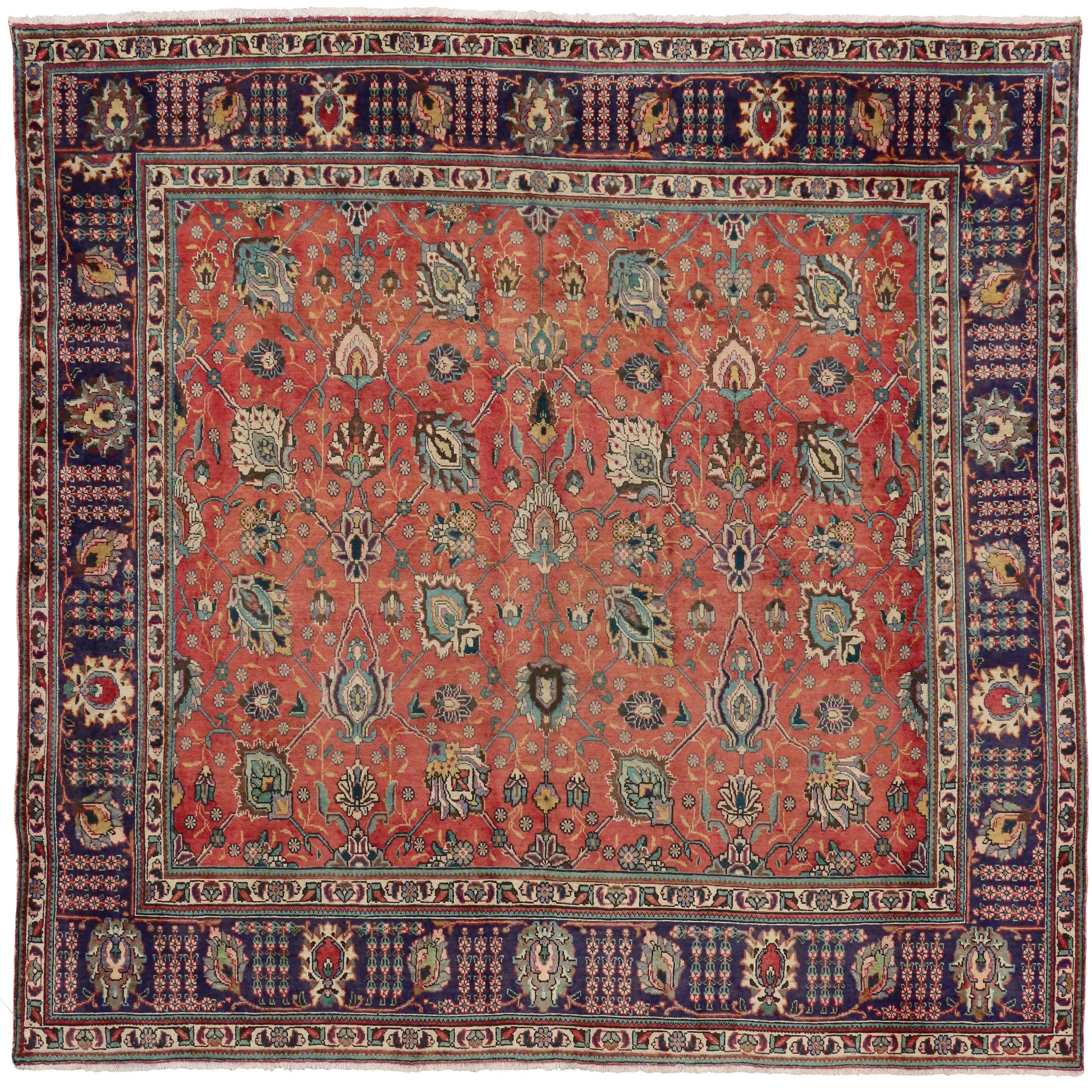Vintage Persian Tabriz Rug with Traditional Style, Persian Square Rug