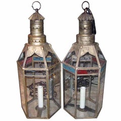 Pair of 1920s Moroccan Style Lanterns with Brass Frame 2