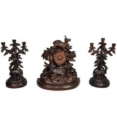 Walnut Black Forest Mantle Clock and Candelabras, circa 1870