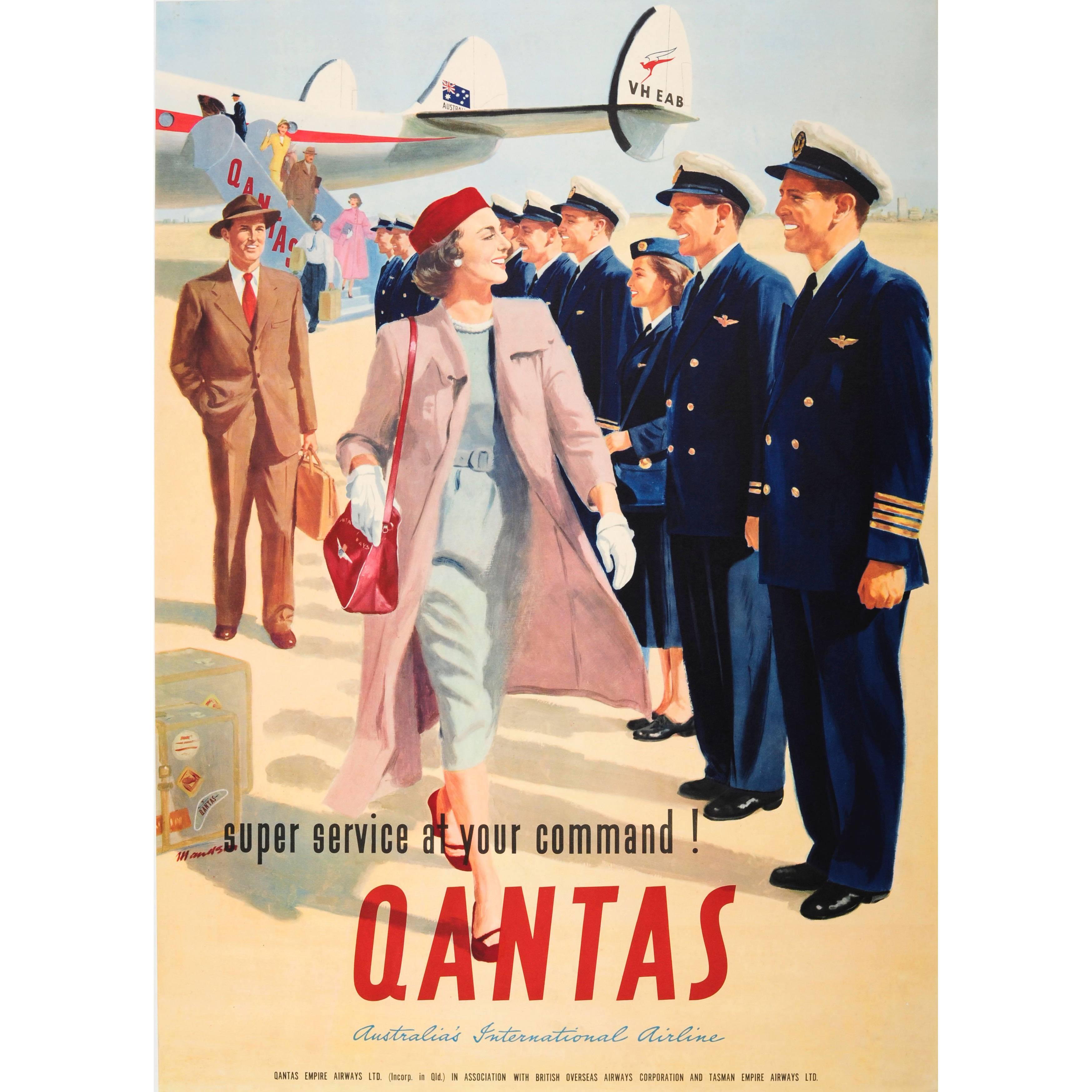 Original Vintage Australian Airline Travel Poster for Qantas - At Your Command!