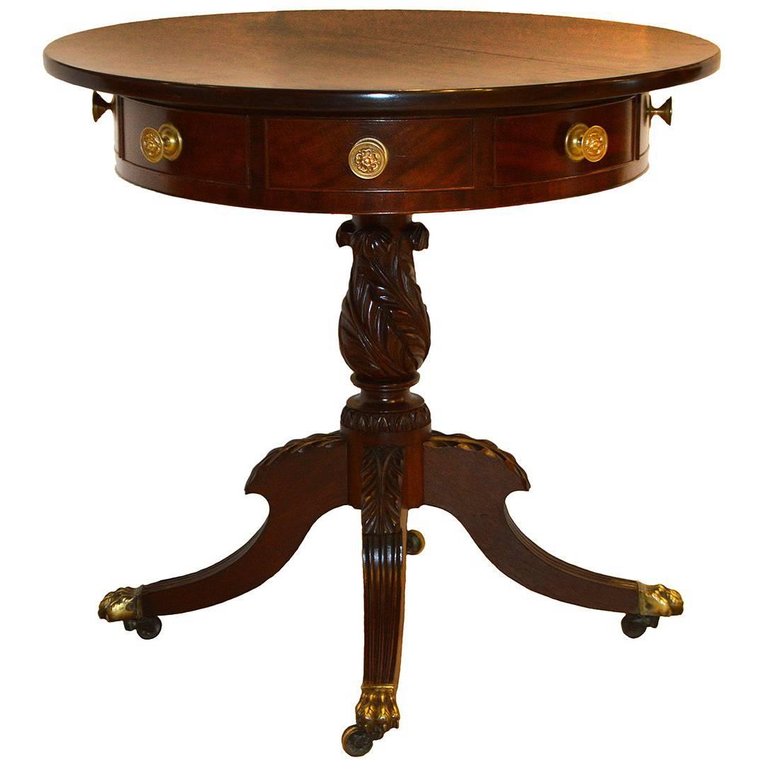 19th Century Federal Carved Mahogany Round Table with Brass Feet