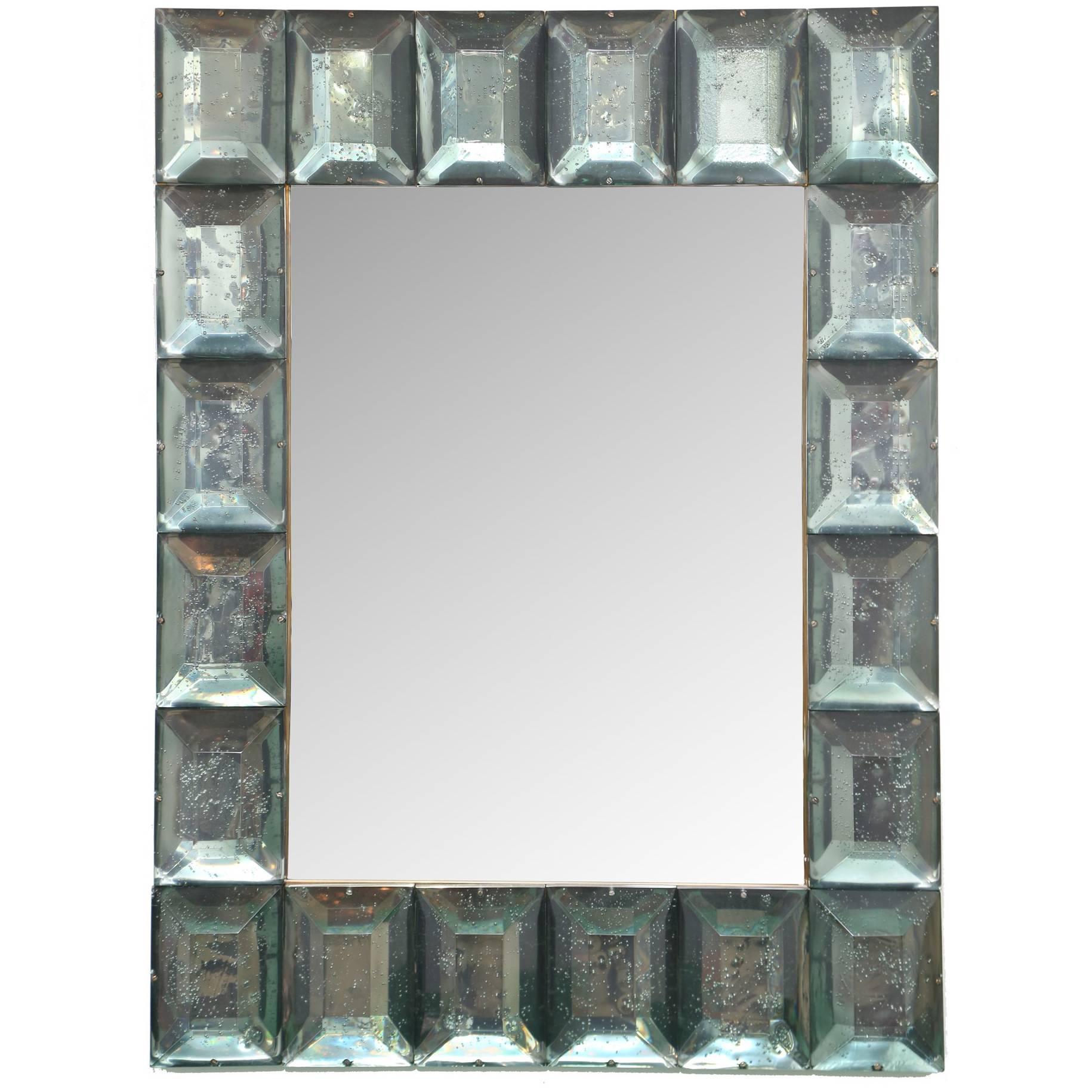 Modern Italian Aqua Green Faceted Glass Mirror