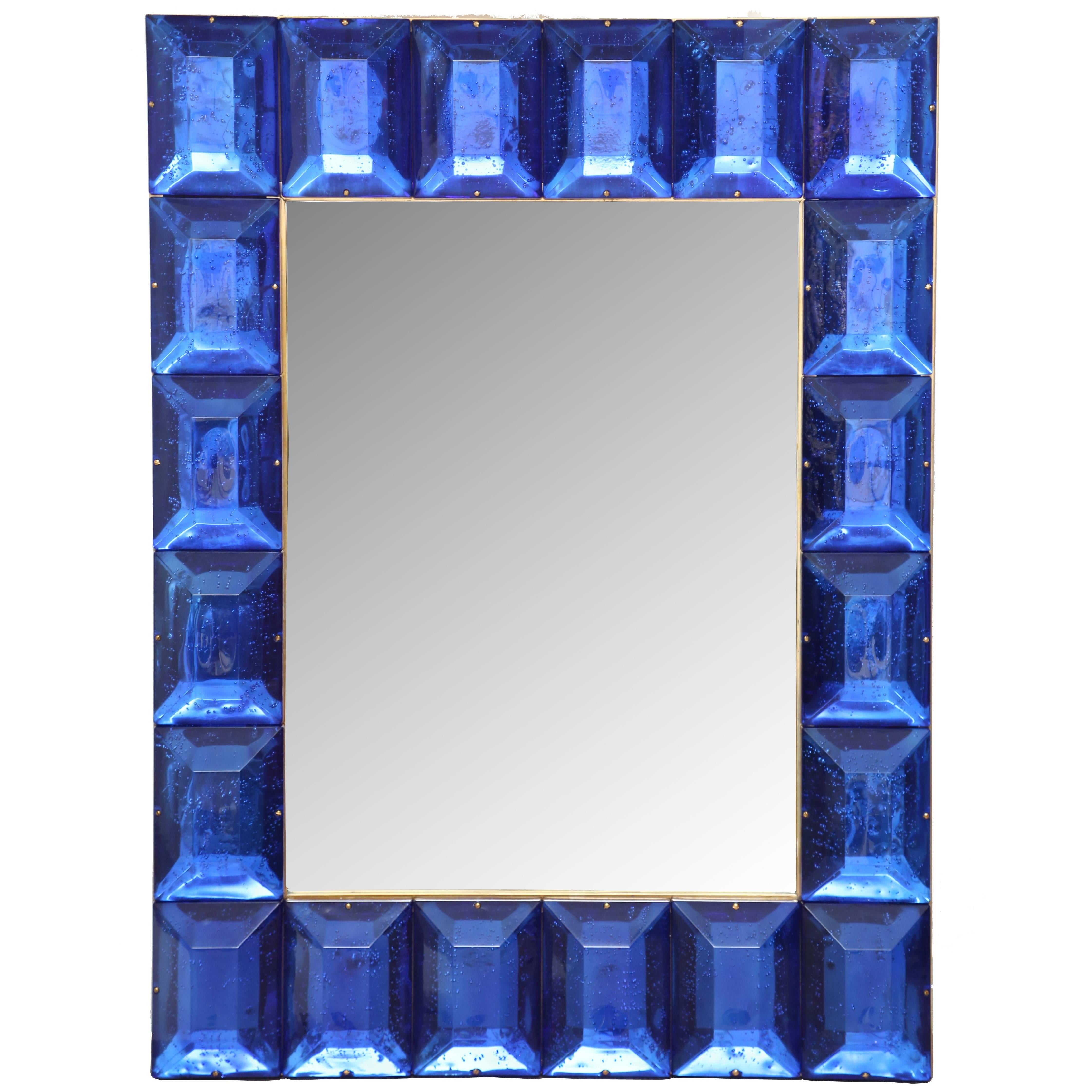 Miroir en verre de Murano avec diamant bleu cobalt, en stock en vente