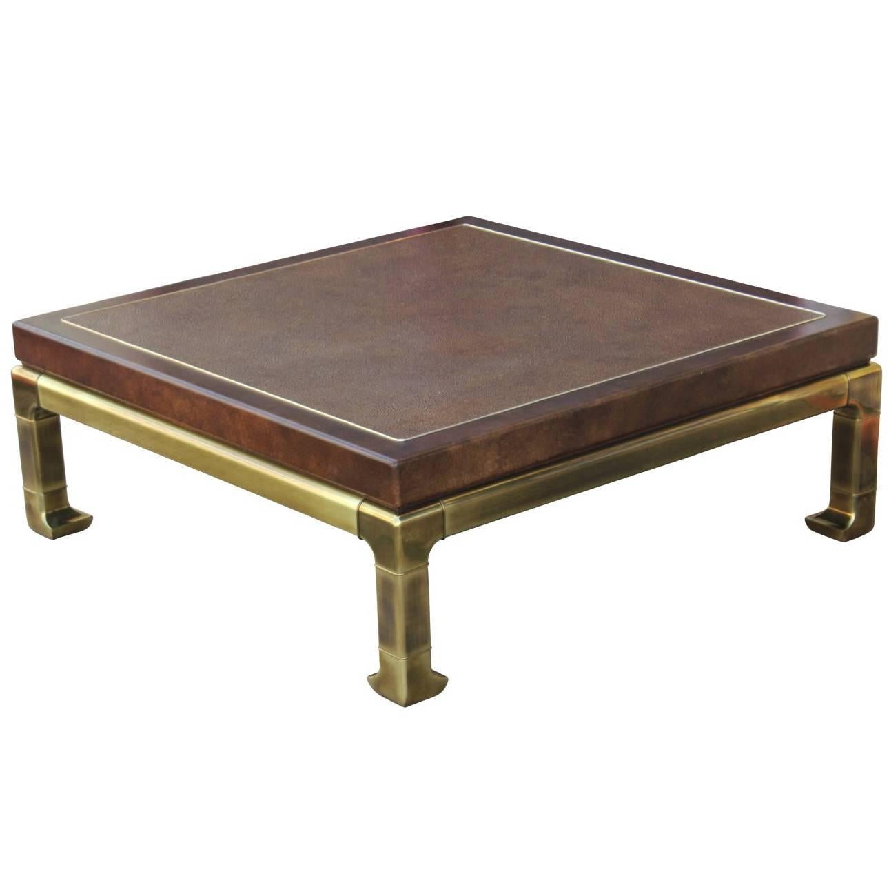 Modern Brass Coffee Table by Mastercraft with a Brown Lacquer Faux Skin Top