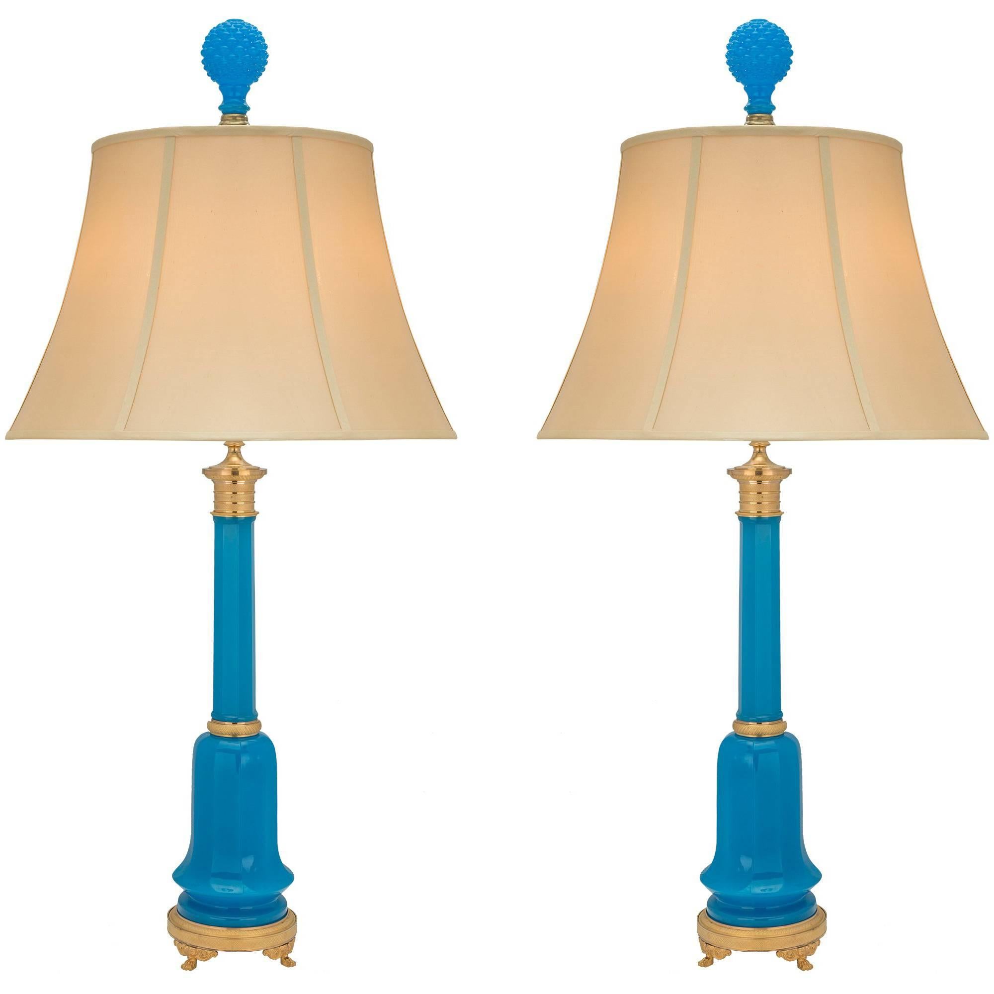 French 19th Century Neoclassical St. Blue Opaline Glass and Ormolu Lamps