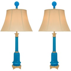 French 19th Century Neoclassical St. Blue Opaline Glass and Ormolu Lamps