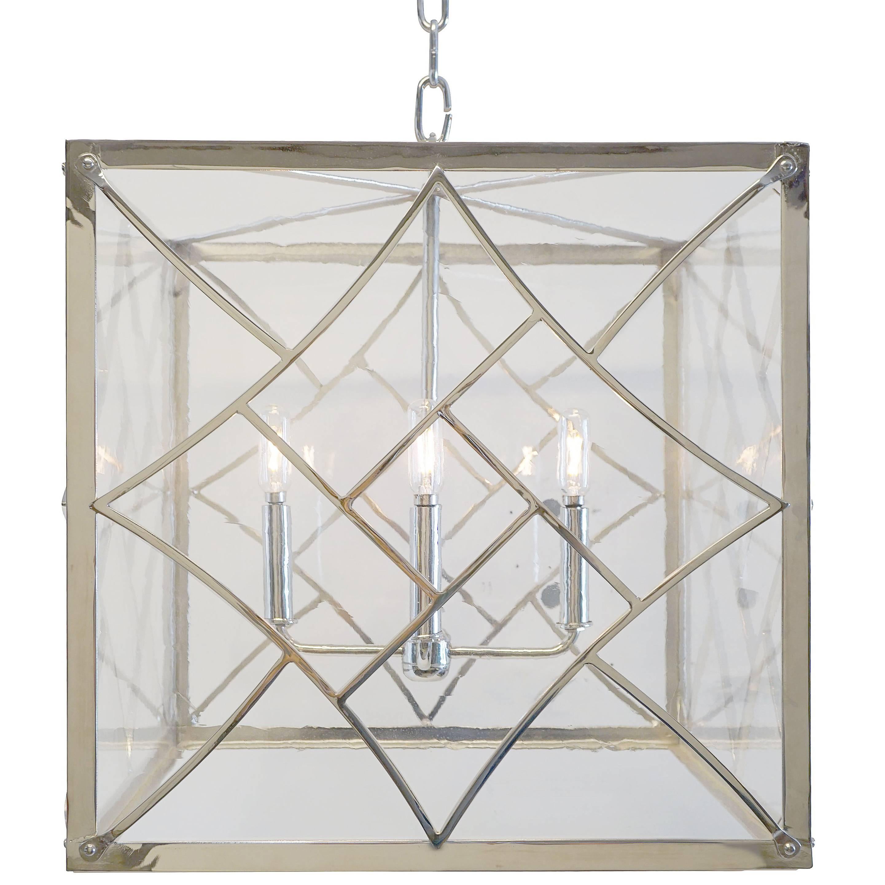 Contemporary Cube Shaped Pendant, Polished Nickel and Antique Style Glass For Sale