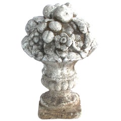 Vintage Charming English Neoclassical Style Cast Stone Urn with Floral and Fruit Bouquet