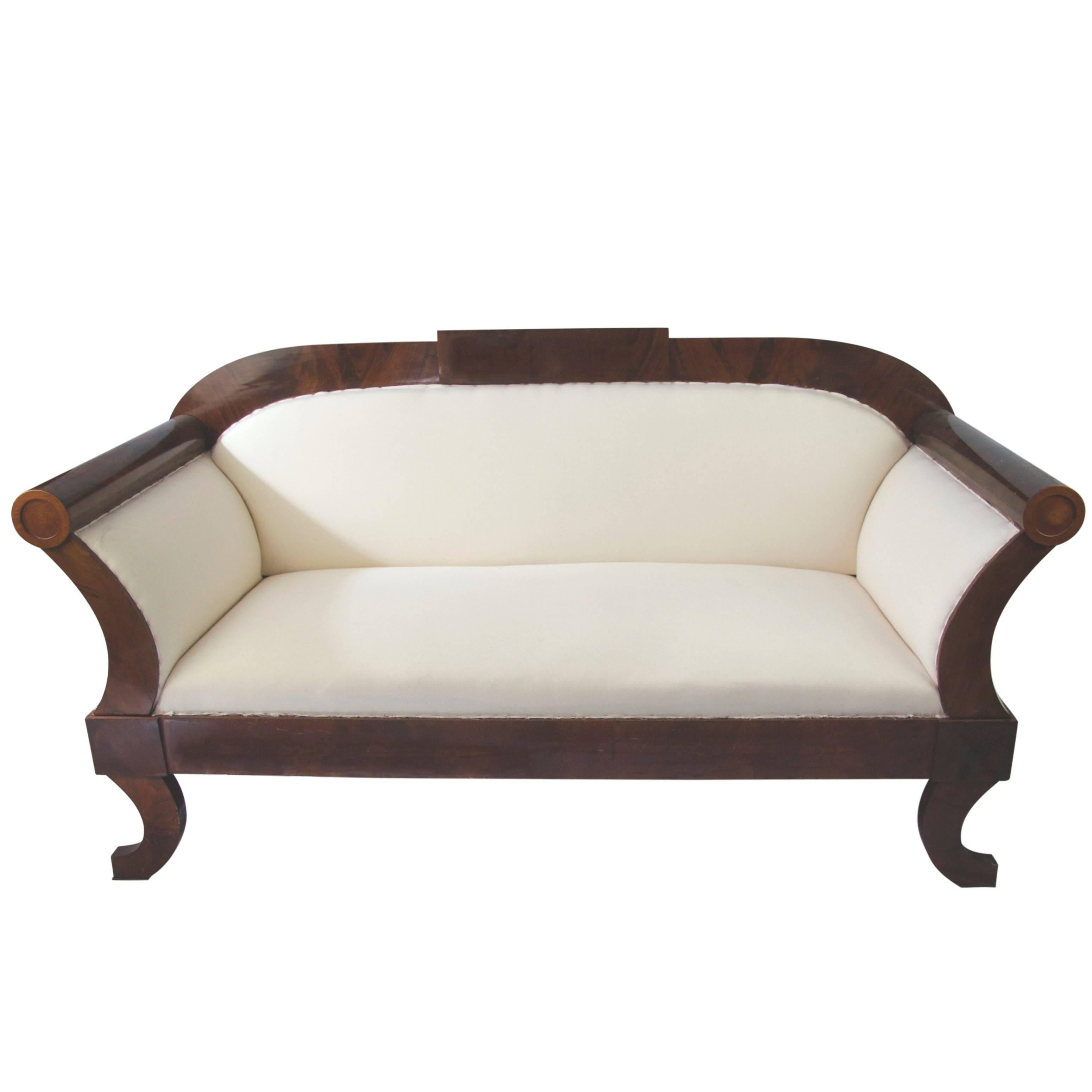 Antique Swedish Biedermeier Figured Mahogany Carved Three-Seat Sofa Late 1800s
