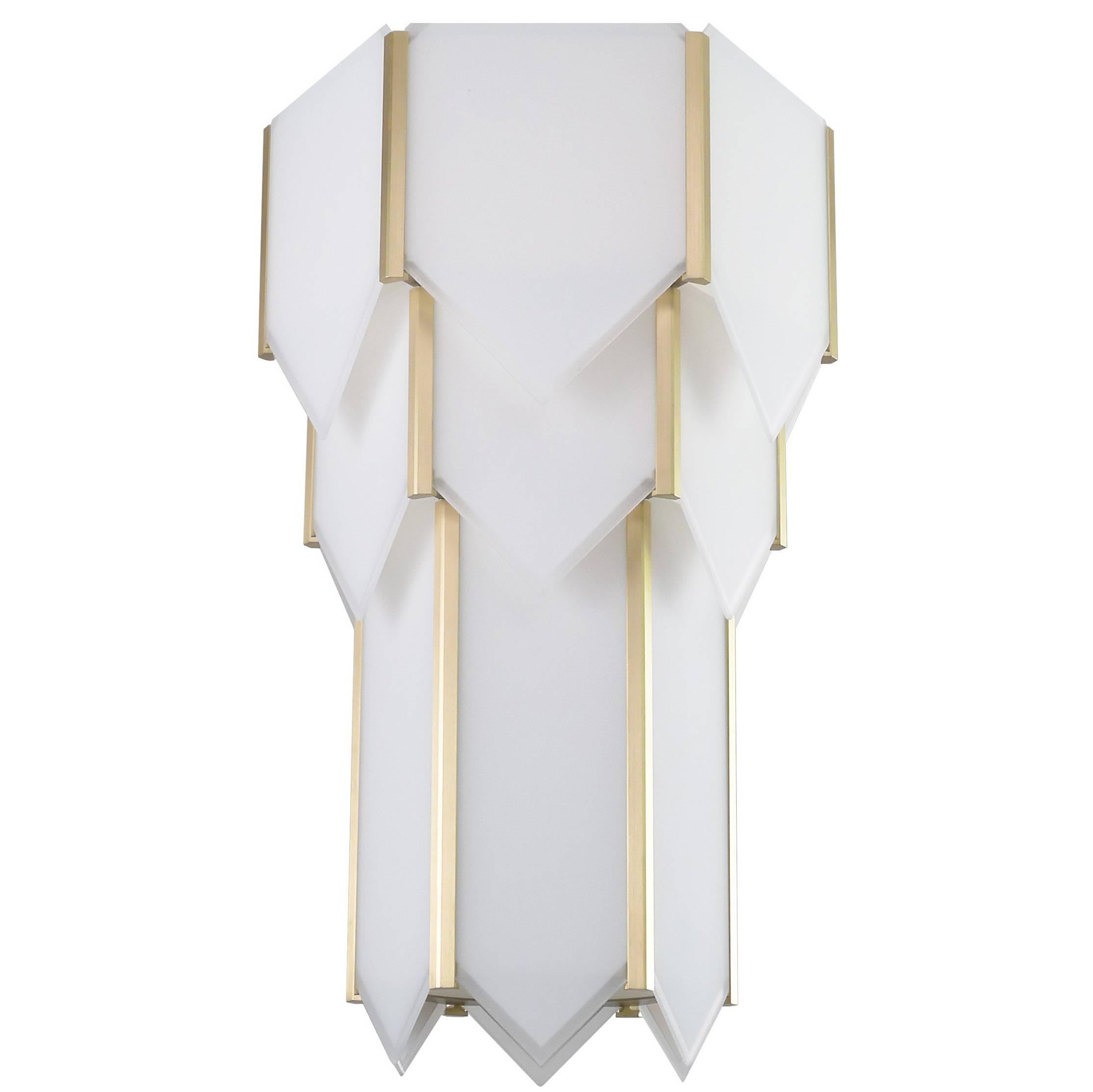 Art Deco Style Skyscraper Flush Mounted Chandelier in Brass and White Glass For Sale