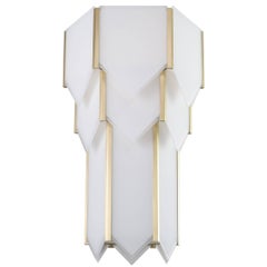 Art Deco Style Skyscraper Flush Mounted Chandelier in Brass and White Glass