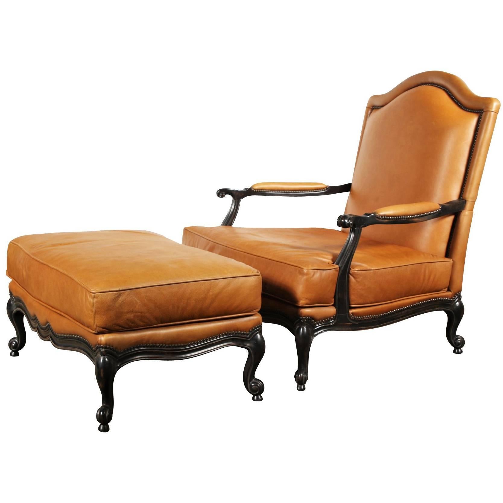Large Leather Upholstered Bergère and Ottoman