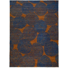 Tobacco and Indigo Blue Wool Rug with Dandelion Motif 10