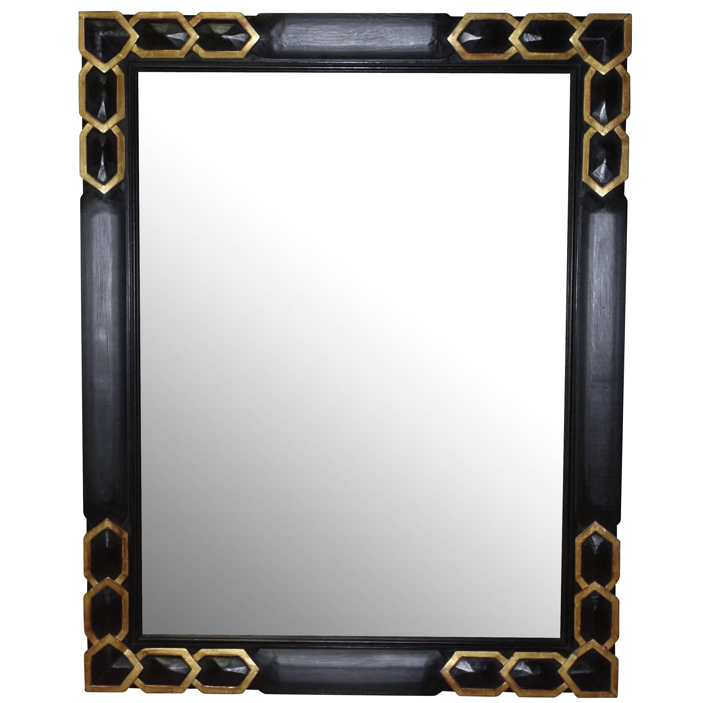 Ebony and Gold Gilt Trim Mirror, France, 1930s