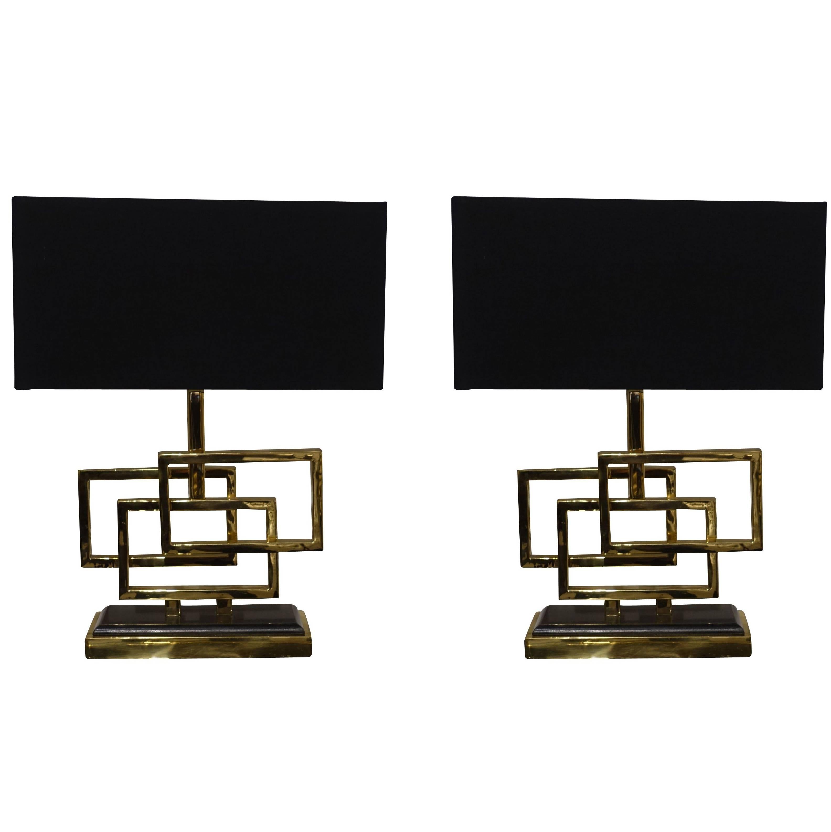 Pair of Brass Triple Box Lamps, Belgium, Contemporary