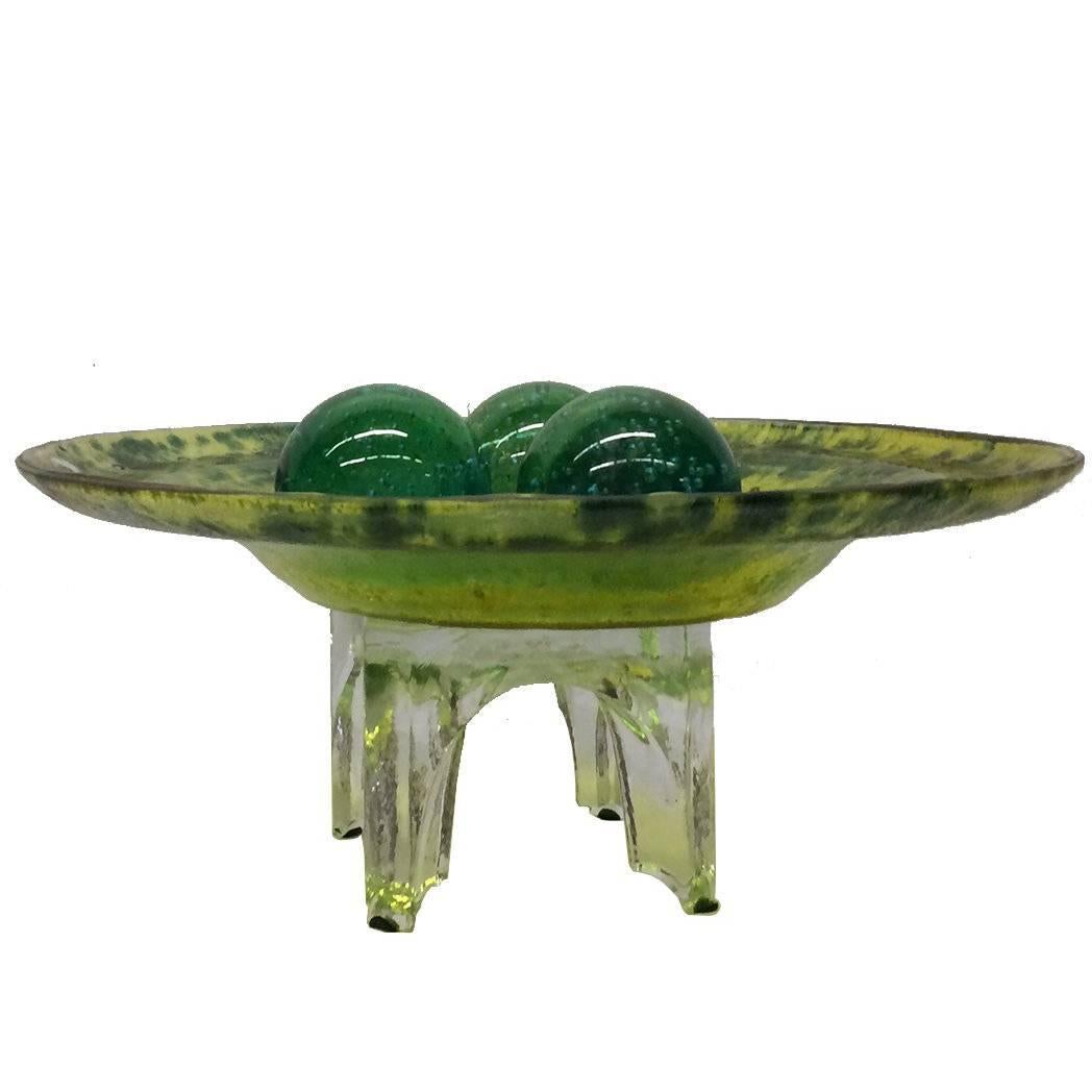 Green Murano Glass Decorative Bowl with Balls on Stand