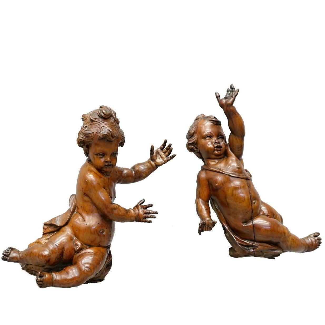 17th Century Old Carved Walnut Two Putti by Andrea Brustolon For Sale