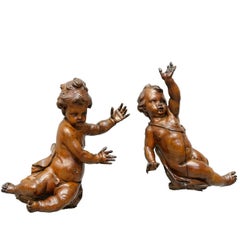 Antique 17th Century Old Carved Walnut Two Putti by Andrea Brustolon