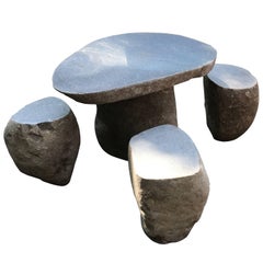 Vintage Hand-Carved Garden Stone Table & Stools Six Pieces Solid Limestone immediate use