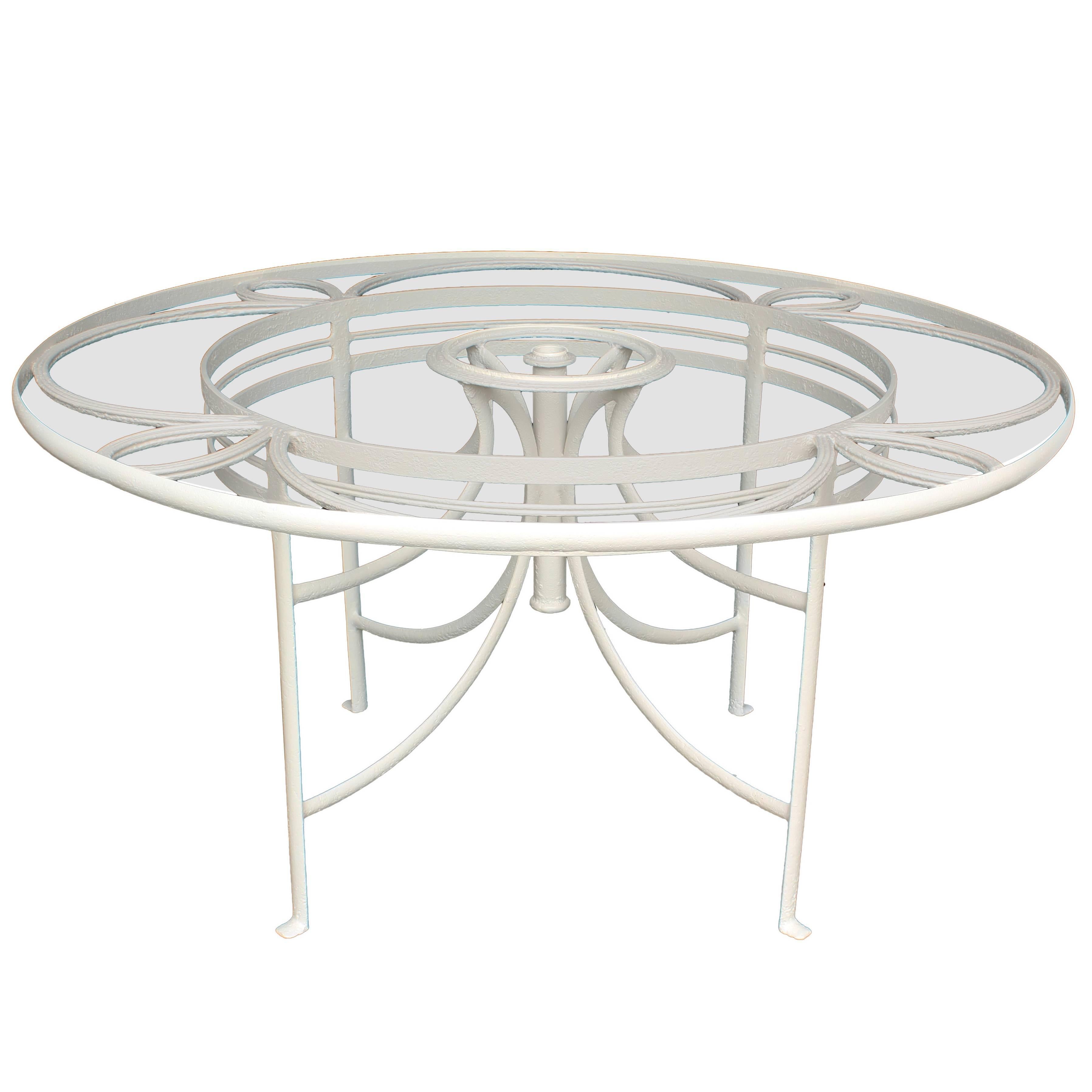 1930s White French Iron and Glass Outdoor Garden Dining Table Round