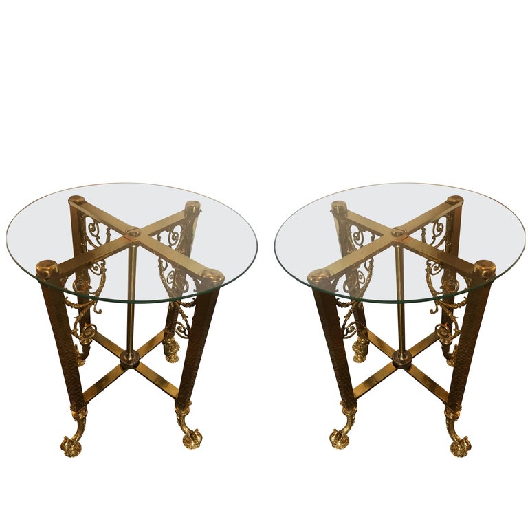 Pair of Fine Bronze Based End Tables with Glass Tops For Sale at 1stdibs