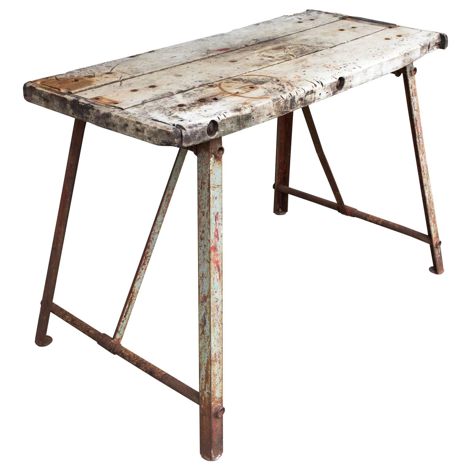 Rustic Antique Bleached Wood & Metal French Work Table 