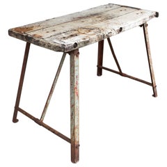 Rustic Antique Bleached Wood & Metal French Work Table