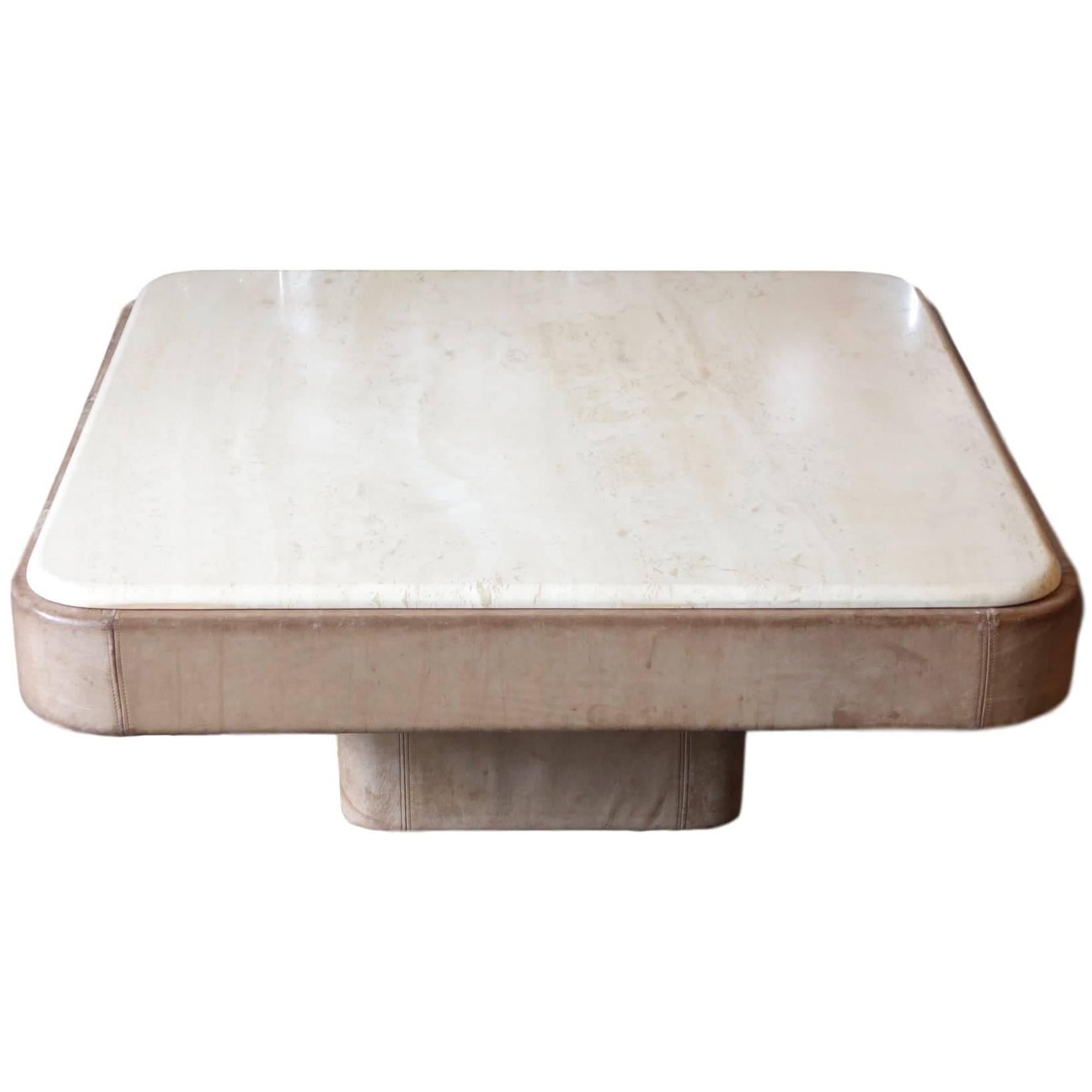 Gray Leather Coffee Table with Travertine Top by De Sede