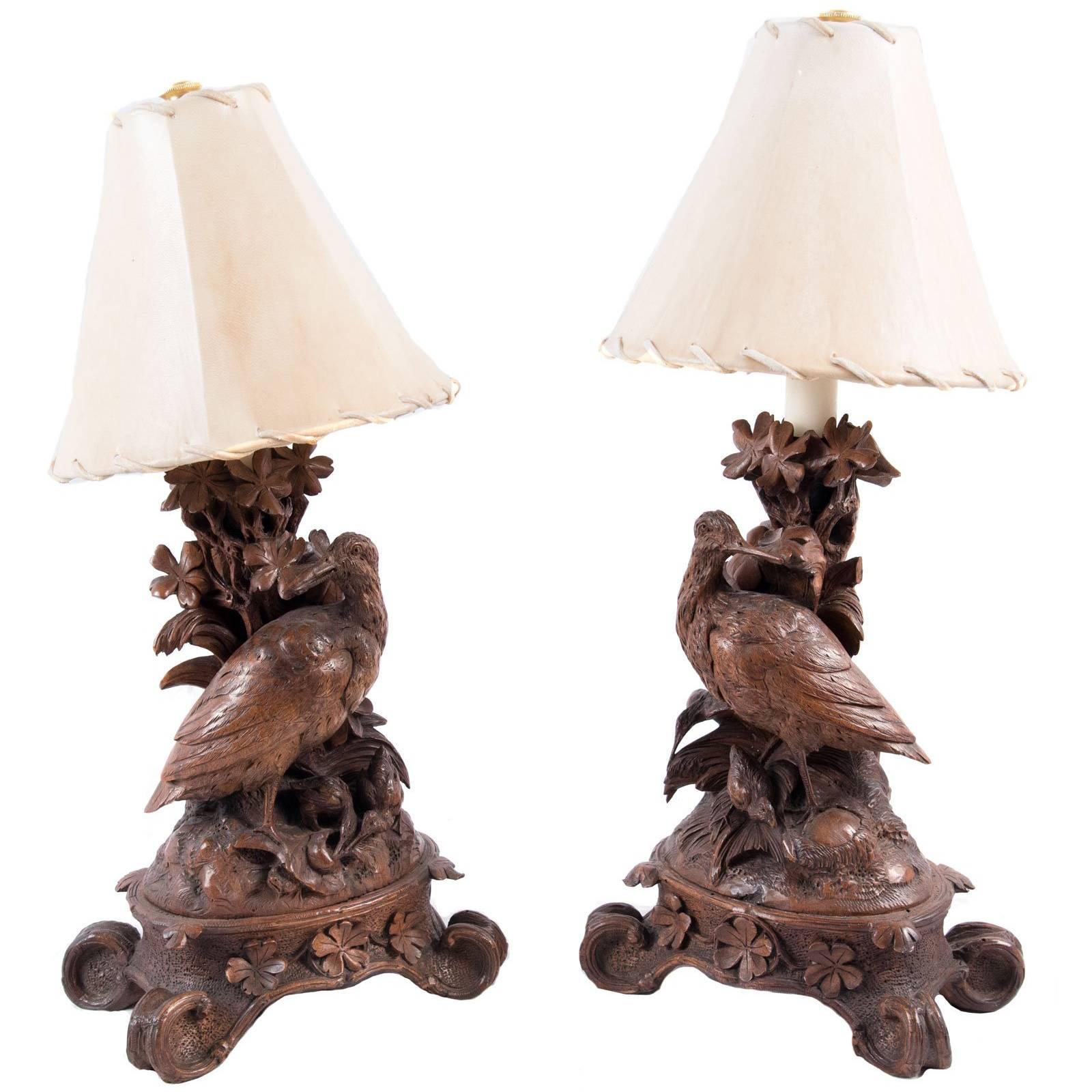Pair of 19th Century Black Forest Carved Wood Pheasant Table Lamps