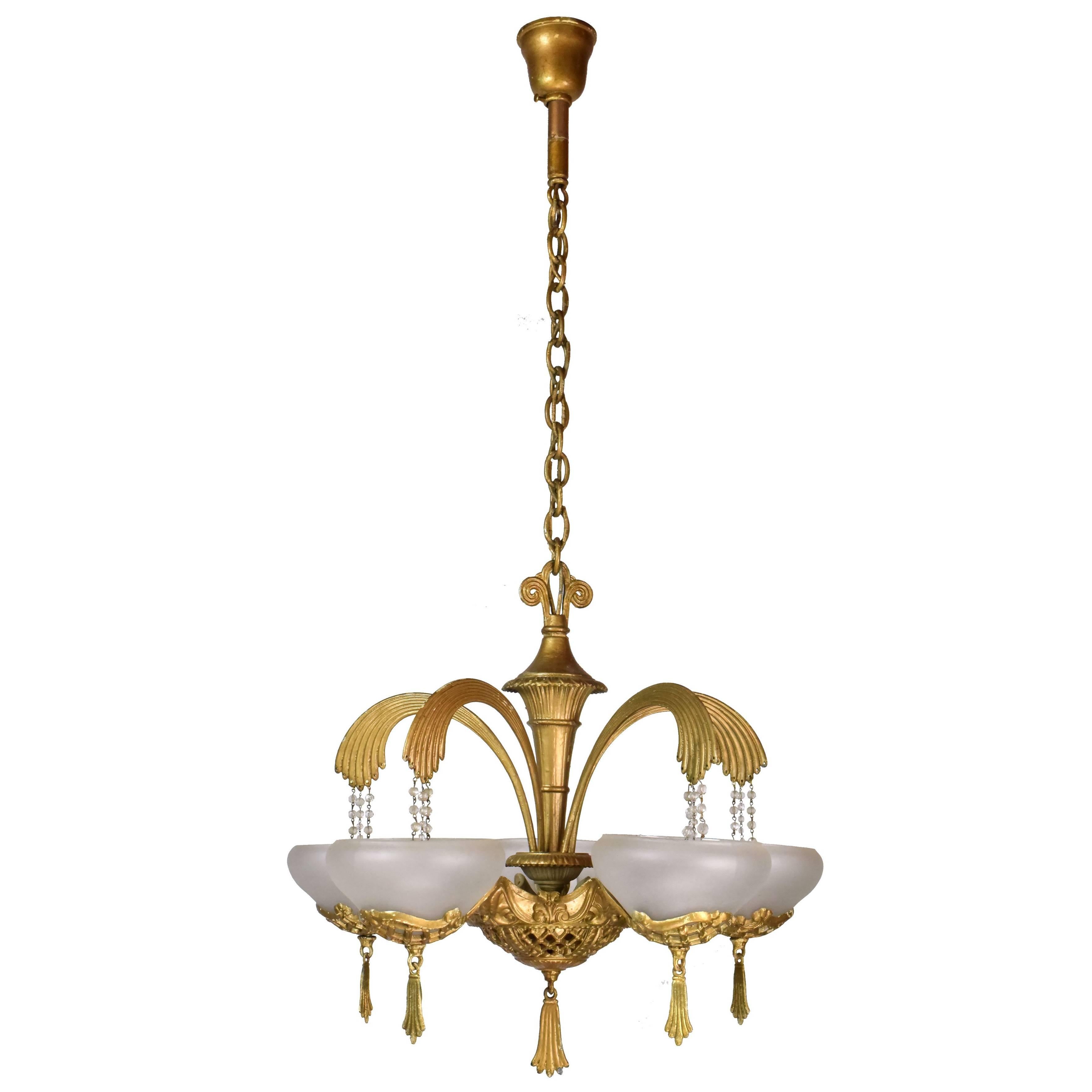 Art Deco Five Arm Brass Chandelier with Shades