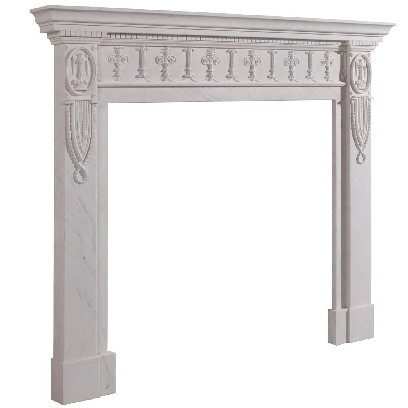 18th Century Georgian Style Hand-Carved White Statuary Marble Fireplace Mantle For Sale