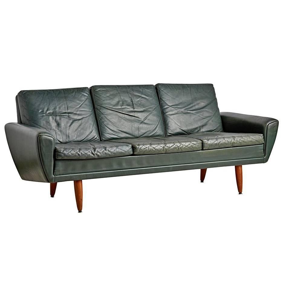 Three-Seat Sofa by Thams with Green Leather Upholstery, circa 1960s