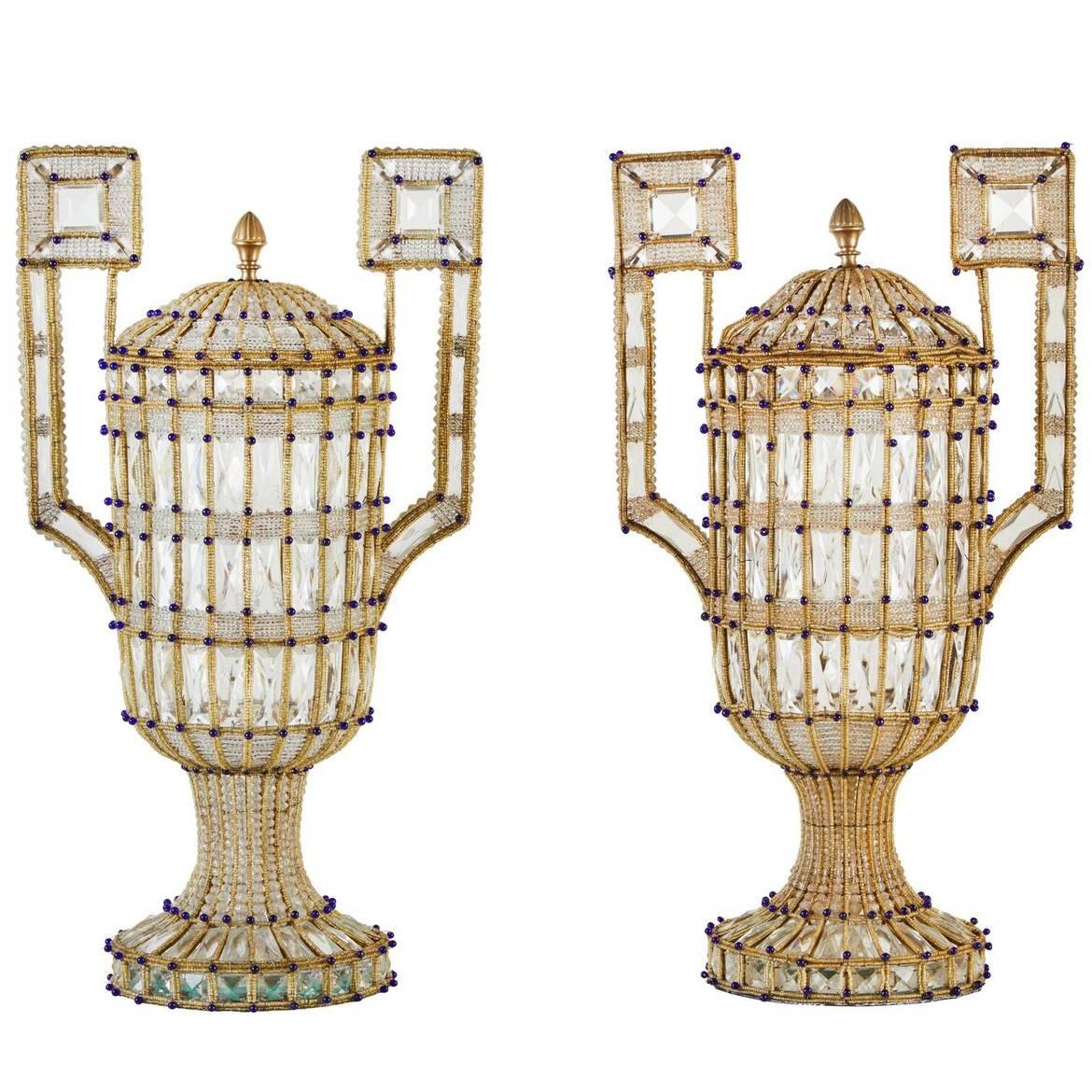 Glittering Pair of Mid-Century, Italian, Beaded Urns